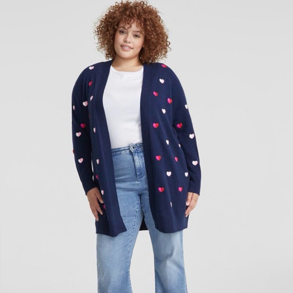 Charter Club 100% Cashmere Embroidered Heart Navy Cardigan